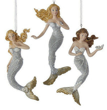 Load image into Gallery viewer, KURT ADLER SET OF 3 SILVER & GOLD MERMAID NAUTICAL COASTAL CHRISTMAS ORNAMENTS
