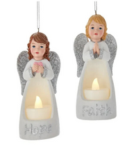 Load image into Gallery viewer, KURT ADLER SET OF 2 HOPE/FAITH 4.7.5" B/O WHT/SIL ANGEL w/LIGHT XMAS ORNAMENTS