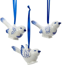 Load image into Gallery viewer, KURT ADLER SET OF 3 PORCELAIN DELFT BLUE BIRD CHRISTMAS ORNAMENTS J7706