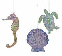 Load image into Gallery viewer, KURT ADLER SET OF 3 IRIDESCENT ACRYLIC ORNAMENTS SHELL/SEA TURTLE/SEAHORSE T2402