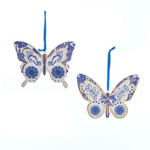 Load image into Gallery viewer, KURT ADLER SET OF 2 PORCELAIN INDIGO BLUE/WHITE DELFT STYLE BUTTERFLY ORNAMENTS