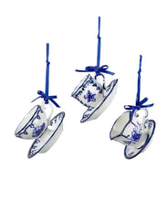 Load image into Gallery viewer, KURT ADLER SET OF 3 PORCELAIN DELFT BLUE CUP & SAUCER CHRISTMAS ORNAMENTS J0651