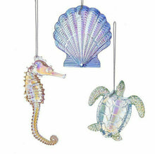 Load image into Gallery viewer, KURT ADLER SET OF 3 IRIDESCENT ACRYLIC ORNAMENTS SHELL/SEA TURTLE/SEAHORSE T2402