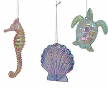 Load image into Gallery viewer, KURT ADLER SET OF 3 IRIDESCENT ACRYLIC ORNAMENTS SHELL/SEA TURTLE/SEAHORSE T2402