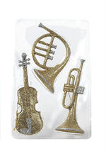 Load image into Gallery viewer, KURT ADLER SET OF 3 LOT GOLD & SILVER GLITTER MUSICAL INSTRUMENT XMAS ORNAMENTS