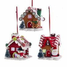 Load image into Gallery viewer, KURT ADLER SET OF 3 CLAYDOUGH B/O LIGHTED LED GINGERBREAD HOUSE XMAS ORNAMENTS