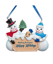 Load image into Gallery viewer, KURT ADLER "WISHING EVERYONE HAPPY HOLIDAYS" HANUKKAH/XMAS SNOW COUPLE ORNAMENT