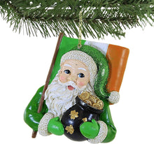 Load image into Gallery viewer, KURT ADLER 4" RESIN IRISH SANTA w/FLAG & POT OF GOLD CHRISTMAS ORNAMENT E0675