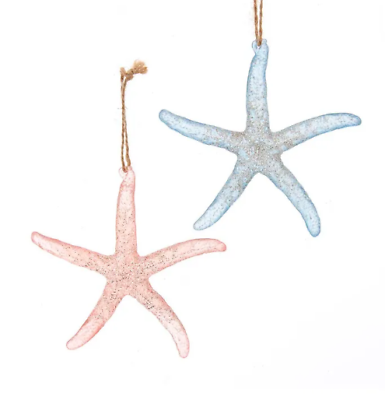 KURT ADLER SET OF 2 ACRYLIC PINK & BLUE STARFISH NAUTICAL COASTAL XMAS ORNAMENTs