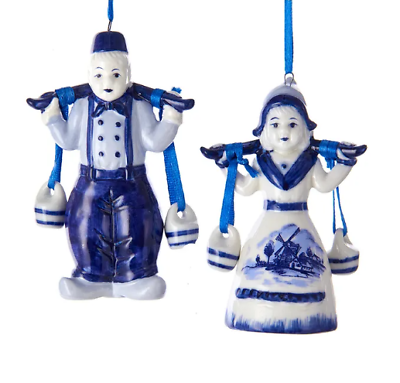 KURT ADLER SET OF 2 PORCELAIN DELFT BLUE BOY & GIRL w/ JUGS CHRISTMAS ORNAMENTS