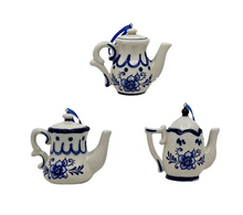 Load image into Gallery viewer, KURT ADLER SET OF 3 HAND PAINTED PORCELAIN DELFT BLUE TEAPOT XMAS ORNAMENTS
