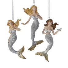 Load image into Gallery viewer, KURT ADLER SET OF 3 SILVER &amp; GOLD MERMAID NAUTICAL COASTAL CHRISTMAS ORNAMENTS
