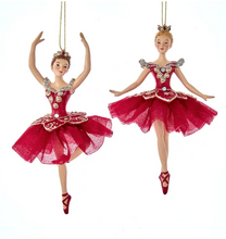 Load image into Gallery viewer, KURT ADLER SET OF 2 REGAL RED BALLERINAS w/CLEAR GEMSTONES XMAS ORNAMENTS E0735
