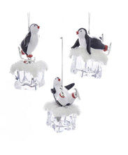 Load image into Gallery viewer, KURT ADLER SET OF 3 RESIN 4.25" ACRYLIC PENGUIN ON ICE CHRISTMAS ORNAMENTS T2458
