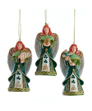 Load image into Gallery viewer, KURT ADLER SET OF 3 IRISH ANGELS HOLDING HARP, JAR &amp; CROSS XMAS ORNAMENTS J7453
