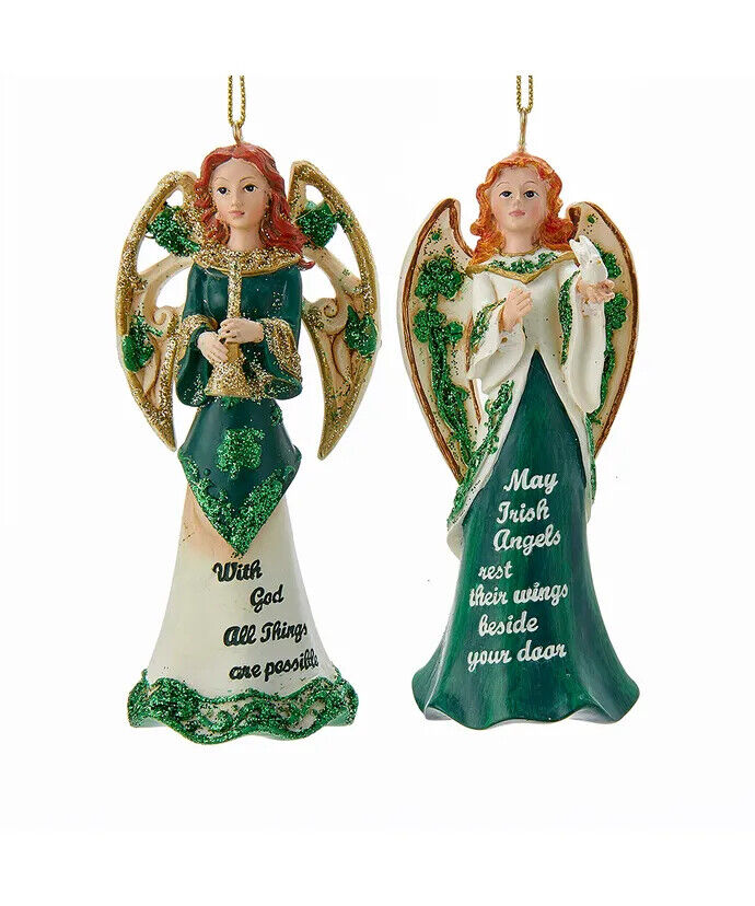 KURT S. ADLER SET OF 2 RESIN IRISH ANGELS w/SAYINGS CHRISTMAS ORNAMENTS