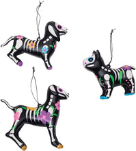 Load image into Gallery viewer, GALLERIE II SET OF 3 DAY OF THE DEAD PAPER MACHE DOG HALLOWEEN XMAS ORNAMENTS
