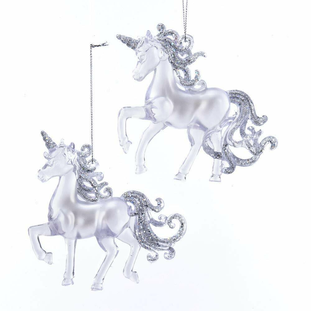 KURT ADLER SET OF 2 CLEAR ACRYLIC SILVER GLITTERED UNICORN CHRISTMAS ORNAMENTS