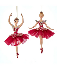 Load image into Gallery viewer, KURT ADLER SET OF 2 REGAL RED BALLERINAS w/CLEAR GEMSTONES XMAS ORNAMENTS E0735
