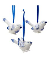 Load image into Gallery viewer, KURT ADLER SET OF 3 PORCELAIN DELFT BLUE BIRD CHRISTMAS ORNAMENTS J7706
