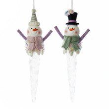 Load image into Gallery viewer, KURT ADLER SET OF 2 SUGAR PLUM SNOWMEN ON ACRYLIC ICICLE CHRISTMAS ORNAMENTS
