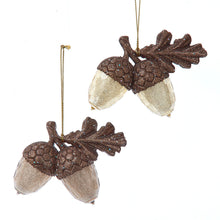 Load image into Gallery viewer, KURT ADLER SET OF 2 BROWN/GOLD GLITTER 2.75" ACRYLIC ACORN XMAS ORNAMENTS T3532
