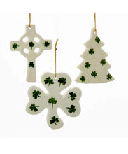 Load image into Gallery viewer, KURT ADLER SET OF 3 PORCELAIN IRISH CHRISTMAS ORNAMENTS - TREE, CROSS &amp; SHAMROCK
