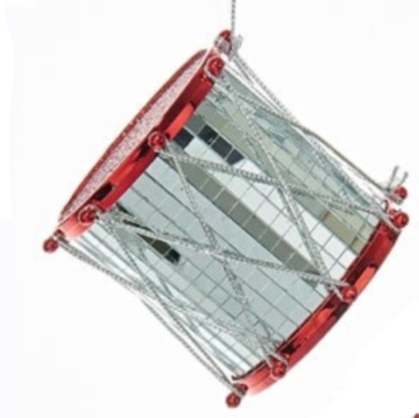 KURT ADLER SILVER MIRRORED RED GLITTERED DRUM MUSICAL INSTRUMENT ORNAMENT H9562