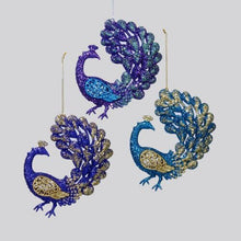 Load image into Gallery viewer, KURT ADLER SET OF 3 ACRYLIC 5.5" GLITTERED PEACOCK CHRISTMAS ORNAMENTS T1508
