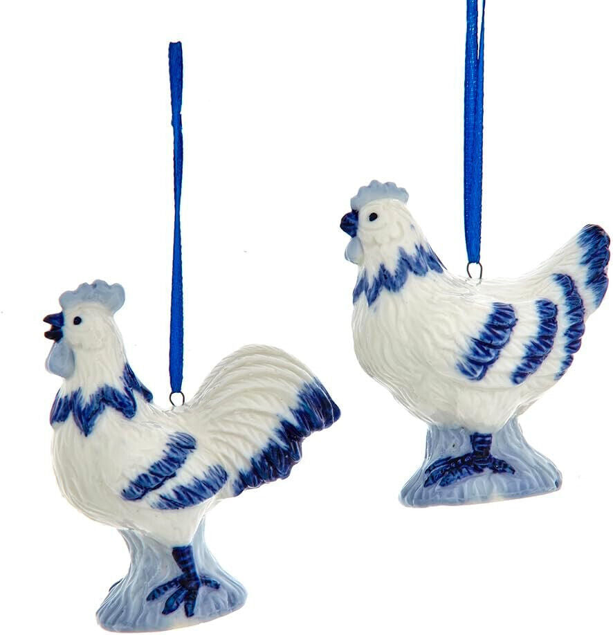 KURT ADLER SET OF 2 PORCELAIN DELFT BLUE COCK & HEN CHRISTMAS ORNAMENTS J7810