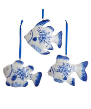 Load image into Gallery viewer, KURT ADLER SET OF 3 PORCELAIN 3.5" DELFT BLUE FISH NAUTICAL XMAS ORNAMENTS J7792

