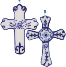 Load image into Gallery viewer, KURT ADLER SET OF 2  PORCELAIN DELFT BLUE CROSS CHRISTMAS ORNAMENTS J7314
