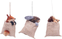 Load image into Gallery viewer, GALLERIE II SET OF 3 WOODSY FEED SACK BURI WOODLAND ANIMAL CHRISTMAS ORNAMENTS
