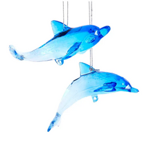 Load image into Gallery viewer, KURT ADLER SET OF 2 BLUE/CLEAR MULTIFACETED ACRYLIC DOLPHIN XMAS ORNAMENTS T2972
