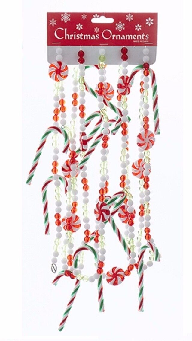 KURT ADLER 9' RED/GREEN/WHITE BEADED GARLAND w/PEPPERMINT SWIRLS & CANDY CANES