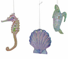 Load image into Gallery viewer, KURT ADLER SET OF 3 IRIDESCENT ACRYLIC ORNAMENTS SHELL/SEA TURTLE/SEAHORSE T2402
