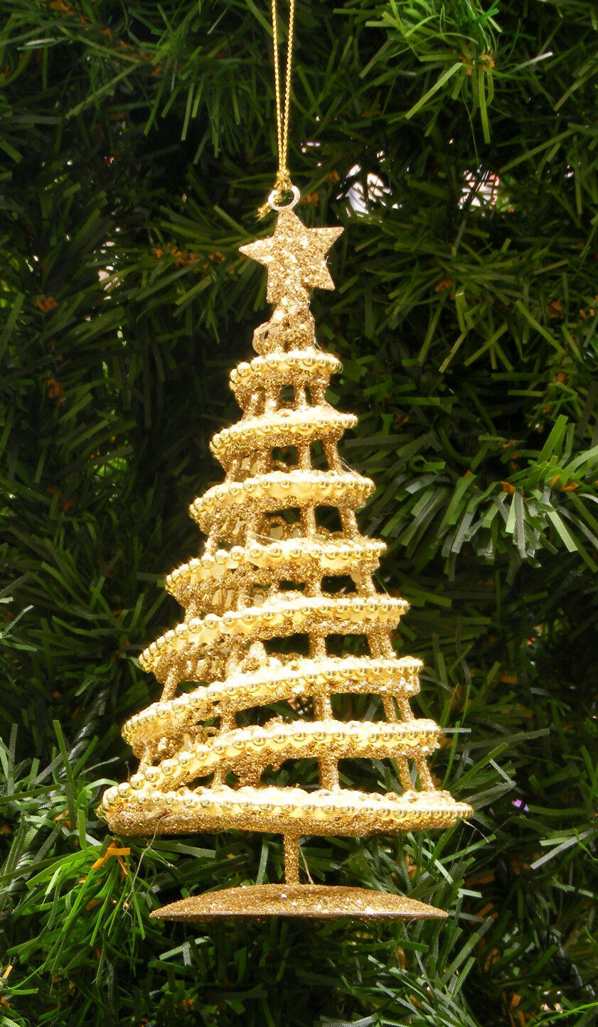 GOLD GLITTERED METAL FRAME TREE w/ GOLD BEAD GARLAND TRIM CHRISTMAS ORNAMENT