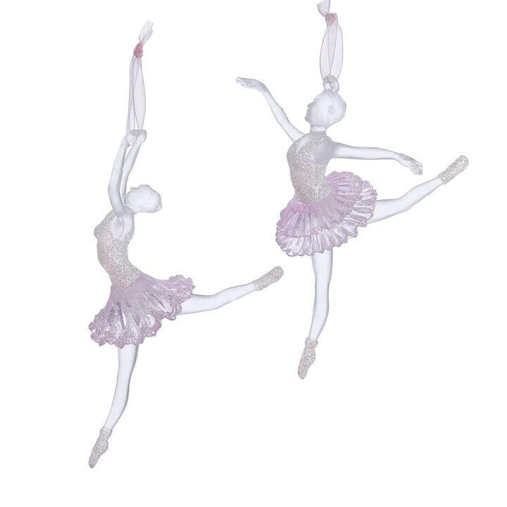 KURT ADLER SET OF 2 CLEAR & PINK FROSTED ACRYLIC BALLERINA CHRISTMAS ORNAMENTS