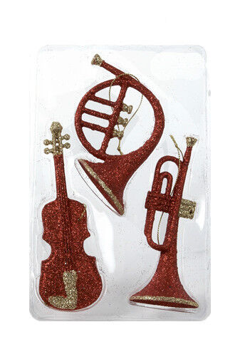 KURT ADLER SET OF 3 LOT RED & GOLD GLITTER MUSICAL INSTRUMENT XMAS ORNAMENTS