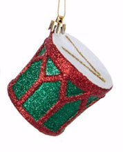 Load image into Gallery viewer, KURT ADLER 2.5" GREEN &amp; GOLD GLITTER SNARE DRUM MUSICAL INSTRUMENT XMAS ORNAMENT
