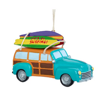 Load image into Gallery viewer, KURT ADLER 4" "LET'S GO SURFING" WOODY CAR w/SURFBOARDS CHRISTMAS ORNAMENT D4335
