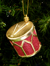 Load image into Gallery viewer, KURT ADLER 2.5" GOLD &amp; RED GLITTERED SNARE DRUM MUSICAL INSTRUMENT XMAS ORNAMENT
