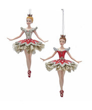 Load image into Gallery viewer, KURT ADLER SET OF 2 RUBY RED PLATINUM GLITTERED BALLERINA XMAS ORNAMENTS E0340
