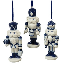 Load image into Gallery viewer, KURT ADLER SET OF 3 PORCELAIN DELFT BLUE NUTCRACKER CHRISTMAS ORNAMENTS J0853
