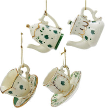 Load image into Gallery viewer, KURT ADLER SET OF 4 PORCELAIN IRISH MINI TEACUP &amp; TEAPOT XMAS ORNAMENTS J0682
