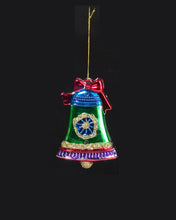 Load image into Gallery viewer, KURT ADLER  MULTICOLOR CHRISTMAS BELL w/GOLD GLITTER ACCENTS XMAS ORNAMENT H9731
